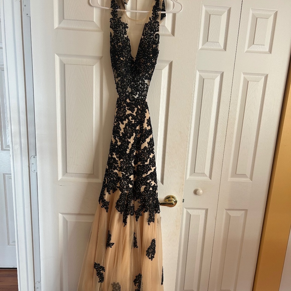 Black and Beige Lace Prom Dress